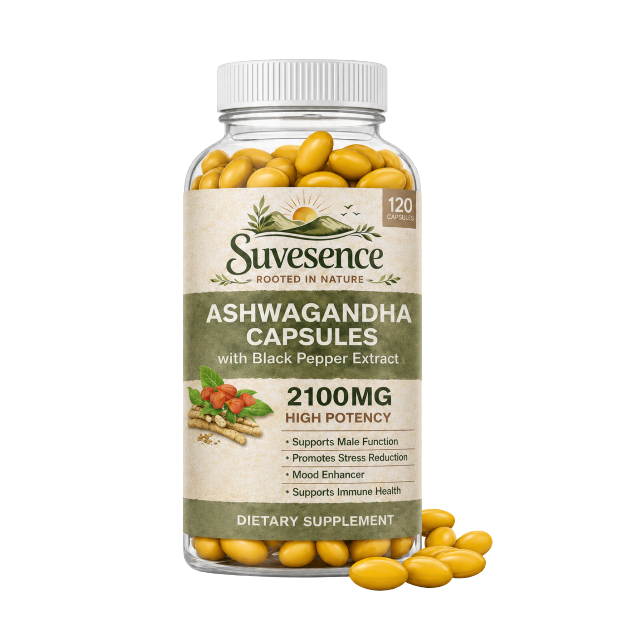 Ashwagandha Capsules — 2,100 mg supplement bottle