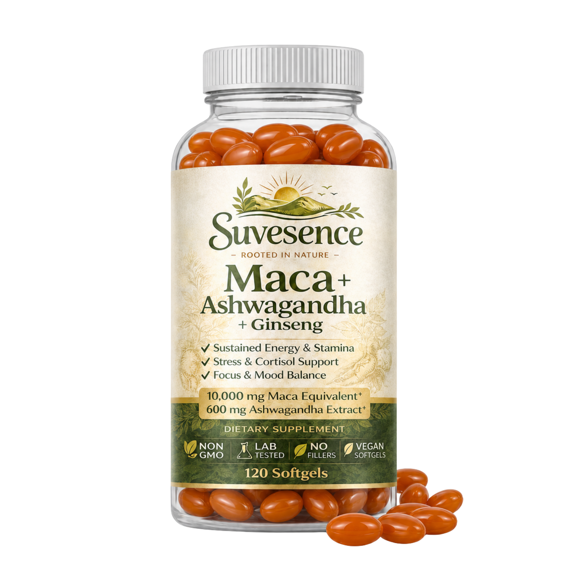 Maca + Ashwagandha + Ginseng supplement bottle